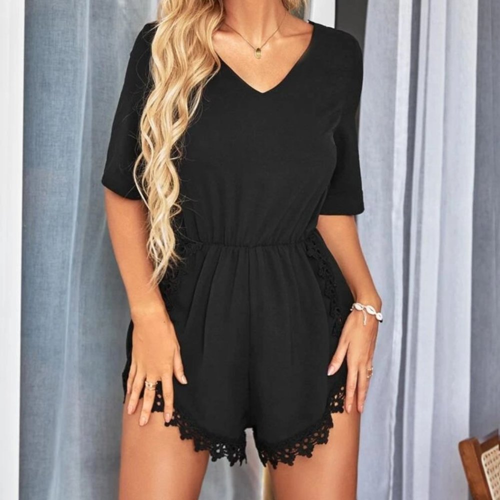 Contrast Lace Tie Back Romper - Black | Size M
